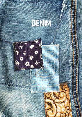 Denim: 7x10 wide ruled notebook: vintage patched denim jeans: indigo bandana engineer stripe patchwork